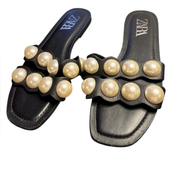 Zara Black Sandals with Pearl Accents Size 39 US 8.5 - Picture 2 of 4